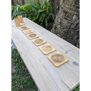 6 Blonde Wood Coasters with Carrier, Bullseye Coaster Set, Wood Coaster Set